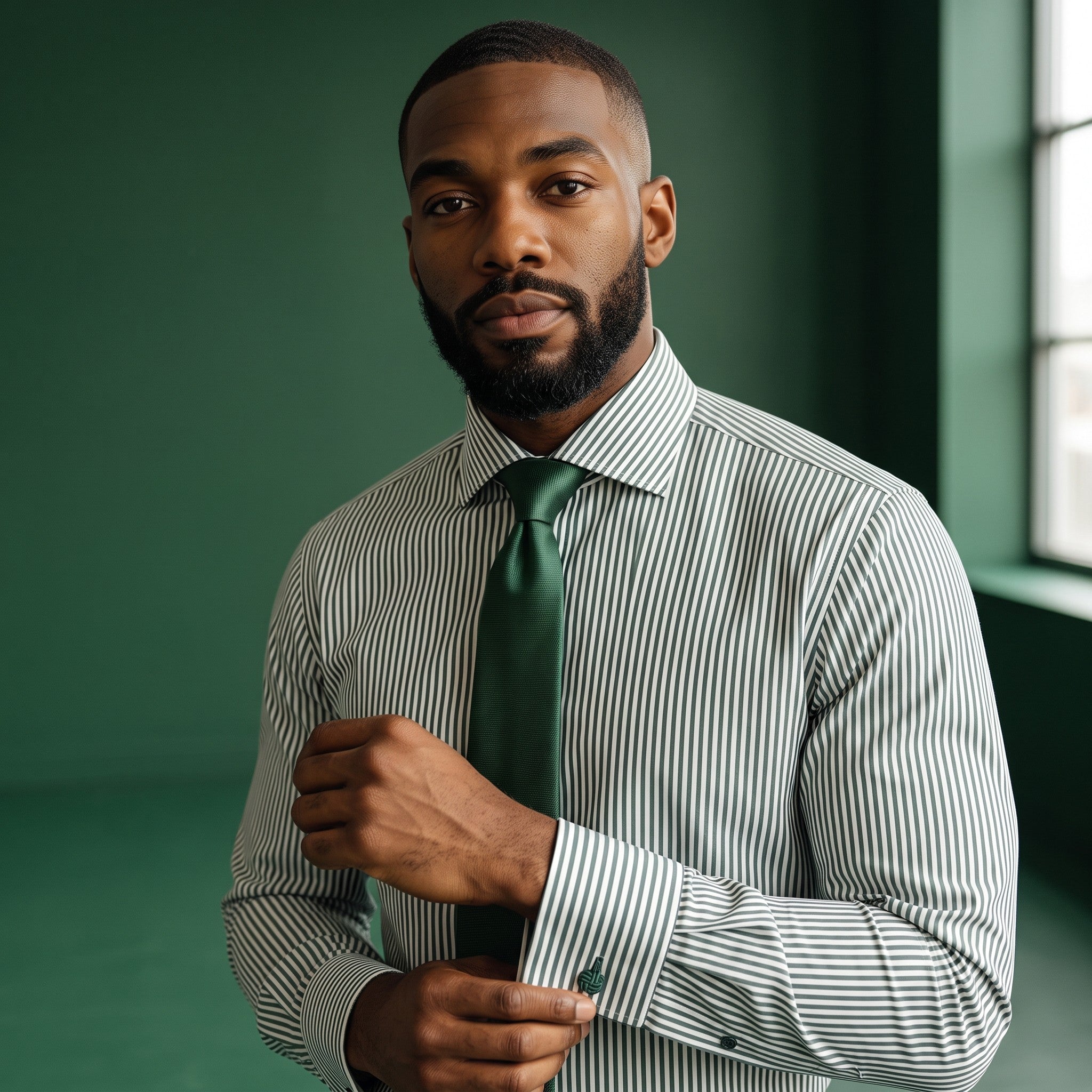 The City Warehouse-Menswear Steven Land forest green Bengal-striped 100% cotton dress shirt with French cuffs