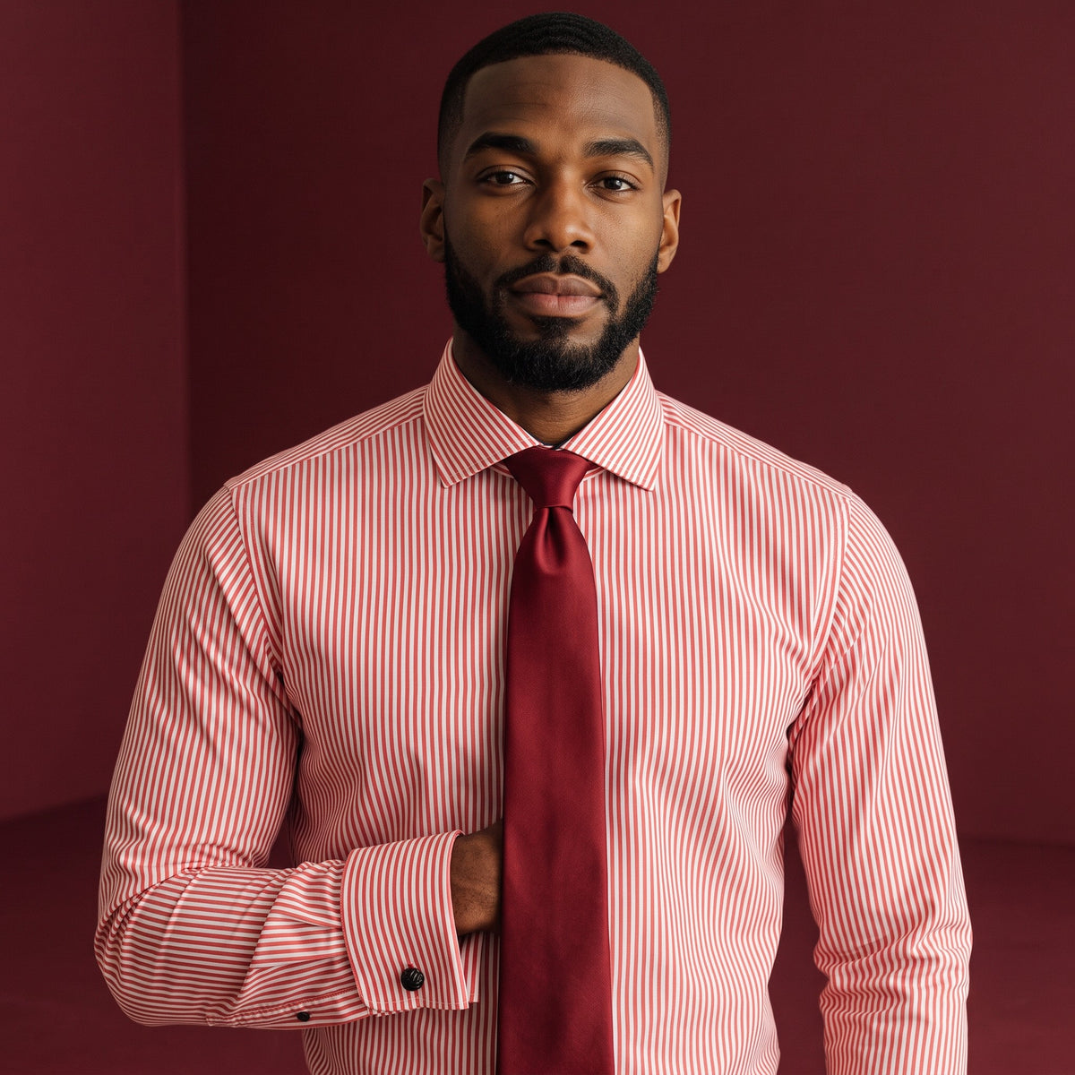The City Warehouse-Menswear Steven Land red and white Bengal-striped cotton dress shirt with French cuffs and tie