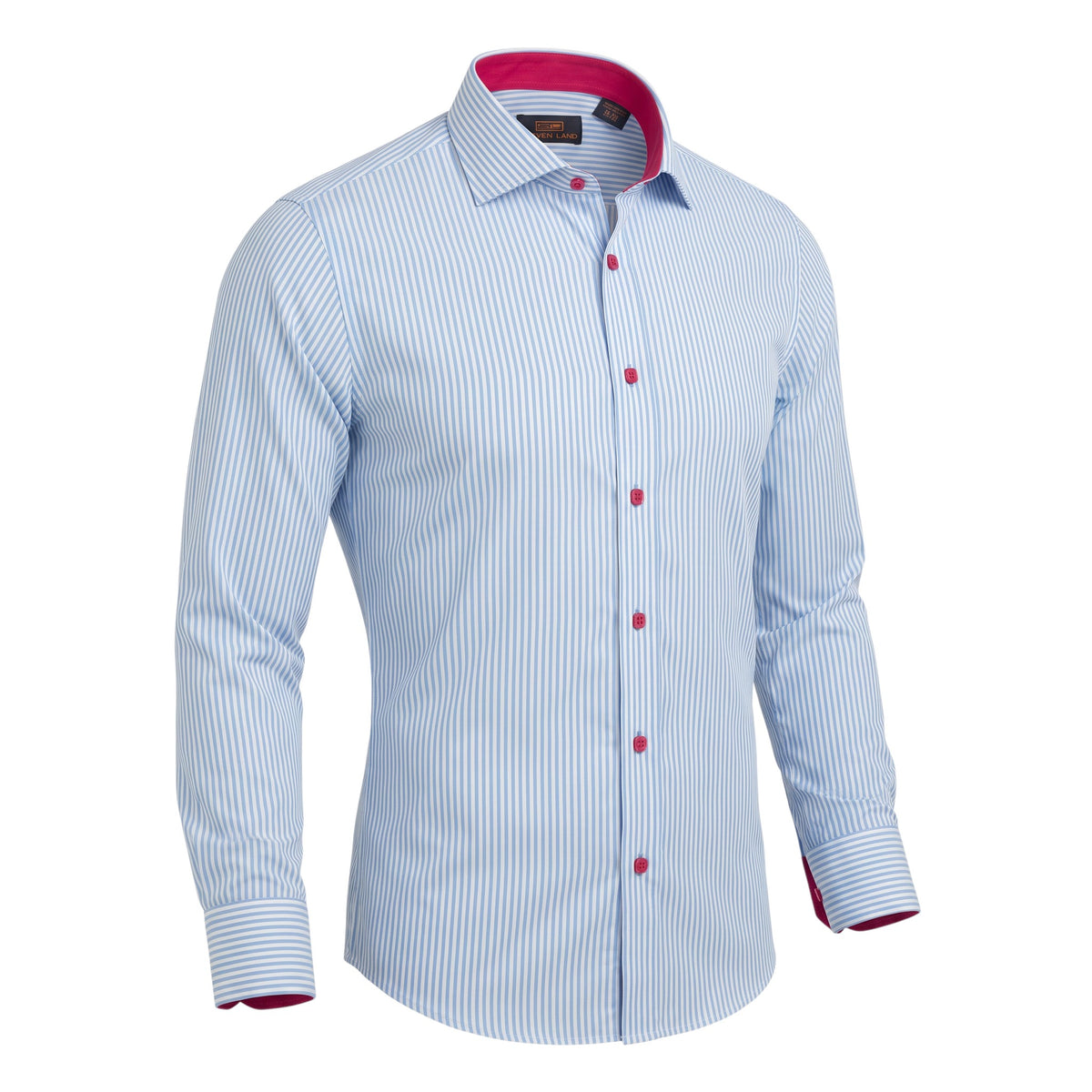 The City Warehouse-Menswear Steven Land light blue Bengal-striped cotton dress shirt with pink button accents