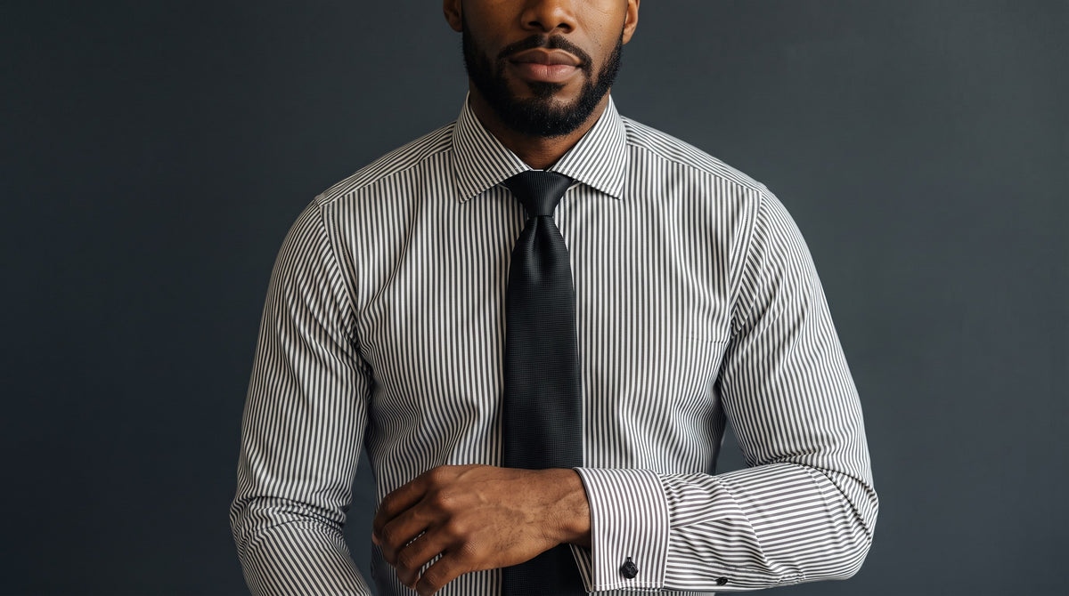 The City Warehouse-Menswear Steven Land Bengal-striped cotton dress shirt with French cuffs and a black tie