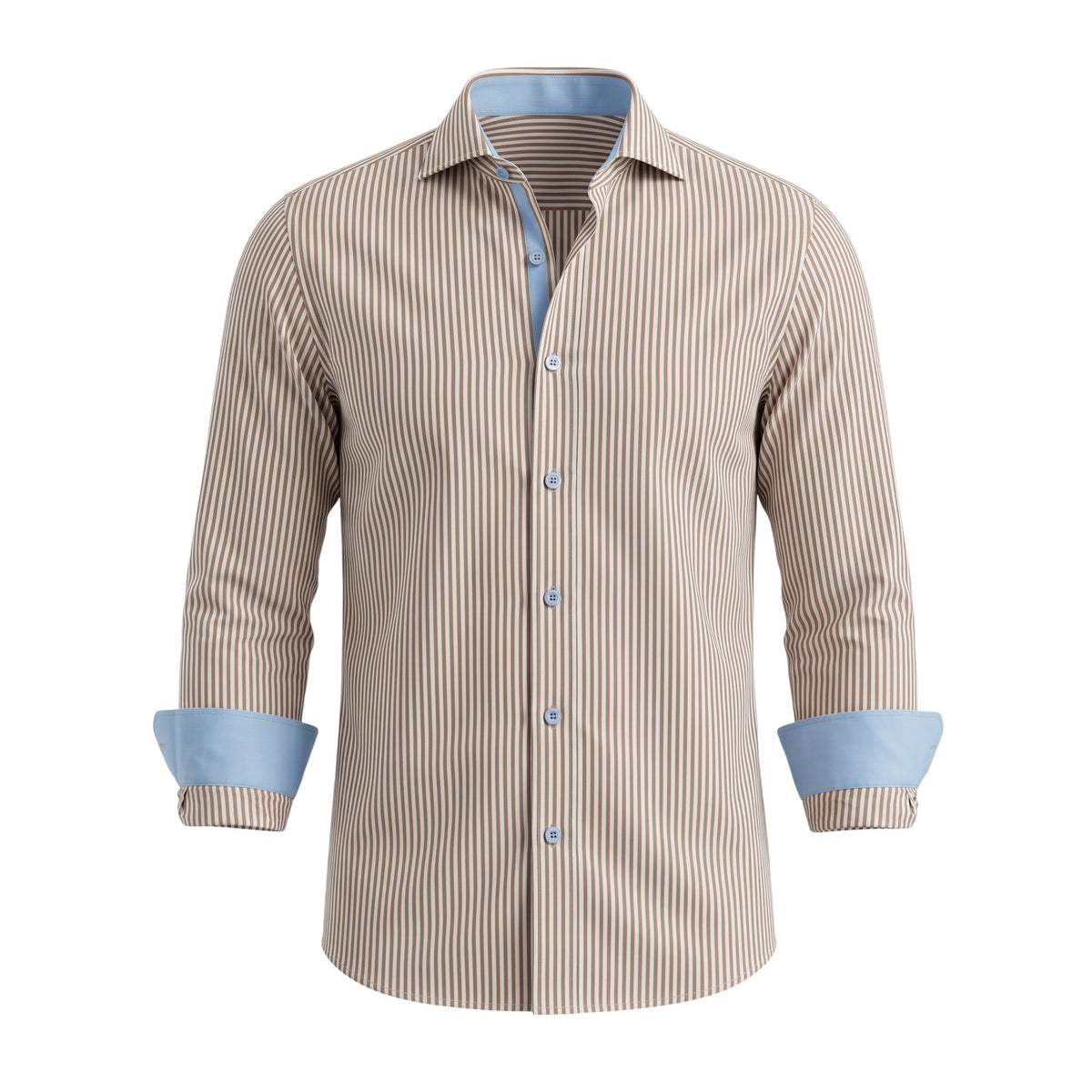 The City Warehouse-Menswear Steven Land brown and white Bengal-striped 100% cotton dress shirt with blue cuff lining.