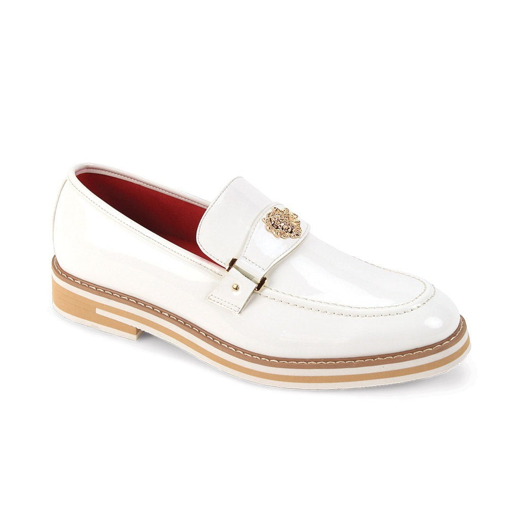 The City Warehouse-Menswear white patent leather Ashford moc-toe loafer with a gold lion head emblem and red lining.