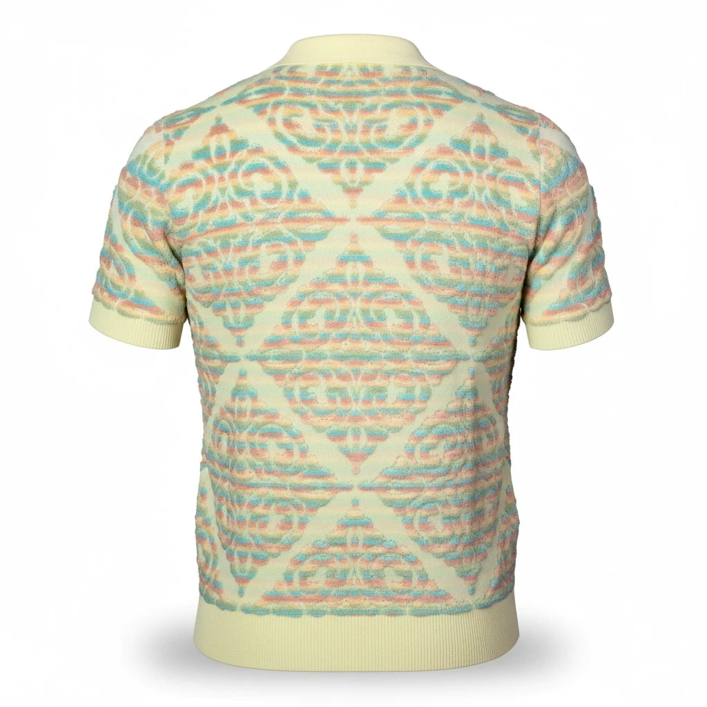 The City Warehouse-Menswear yellow short-sleeve full-zip shirt featuring a textured art-inspired geometric pattern.