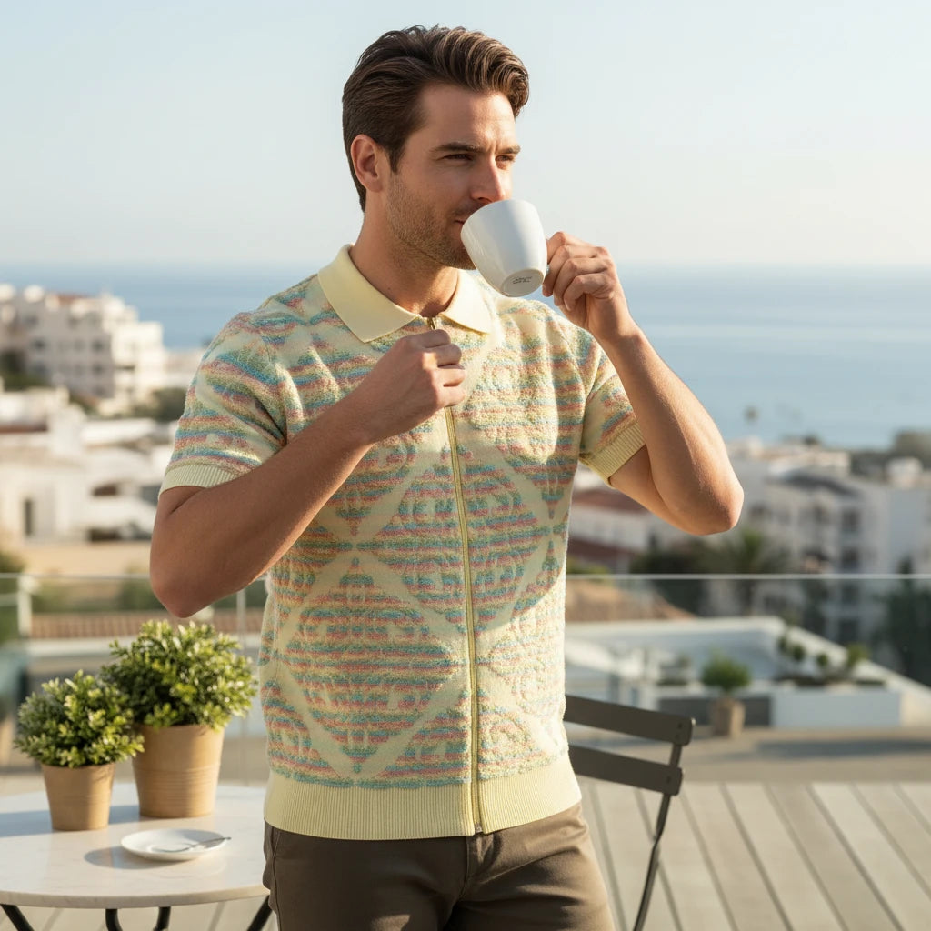 Man wearing The City Warehouse-Menswear yellow short-sleeve full-zip polo with an art-inspired geometric pattern.