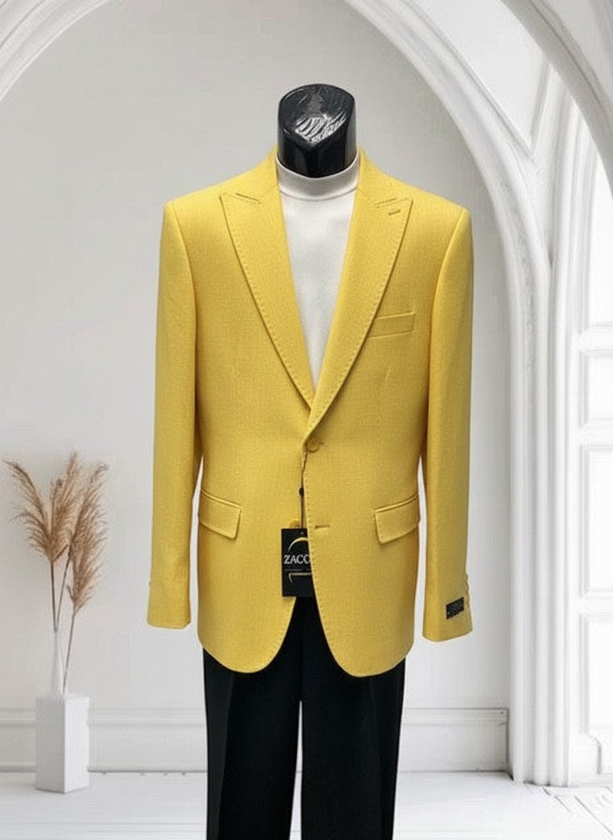 The City Warehouse-Menswear Zacchi Terri yellow hopsack blazer with a two-button design and textured fabric finish.