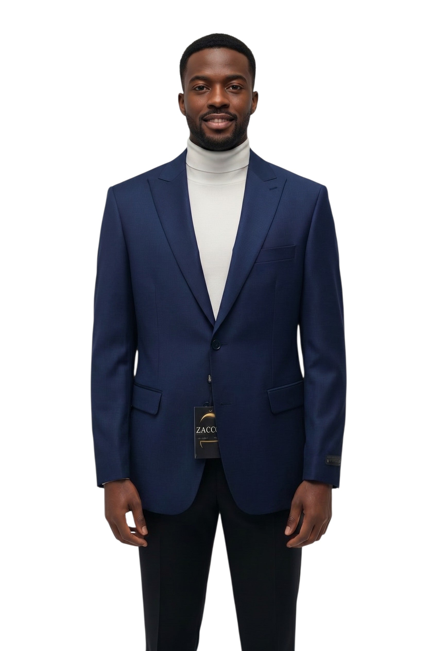 The City Warehouse-Menswear Zacchi navy blue hopsack blazer worn by a man with a white turtleneck