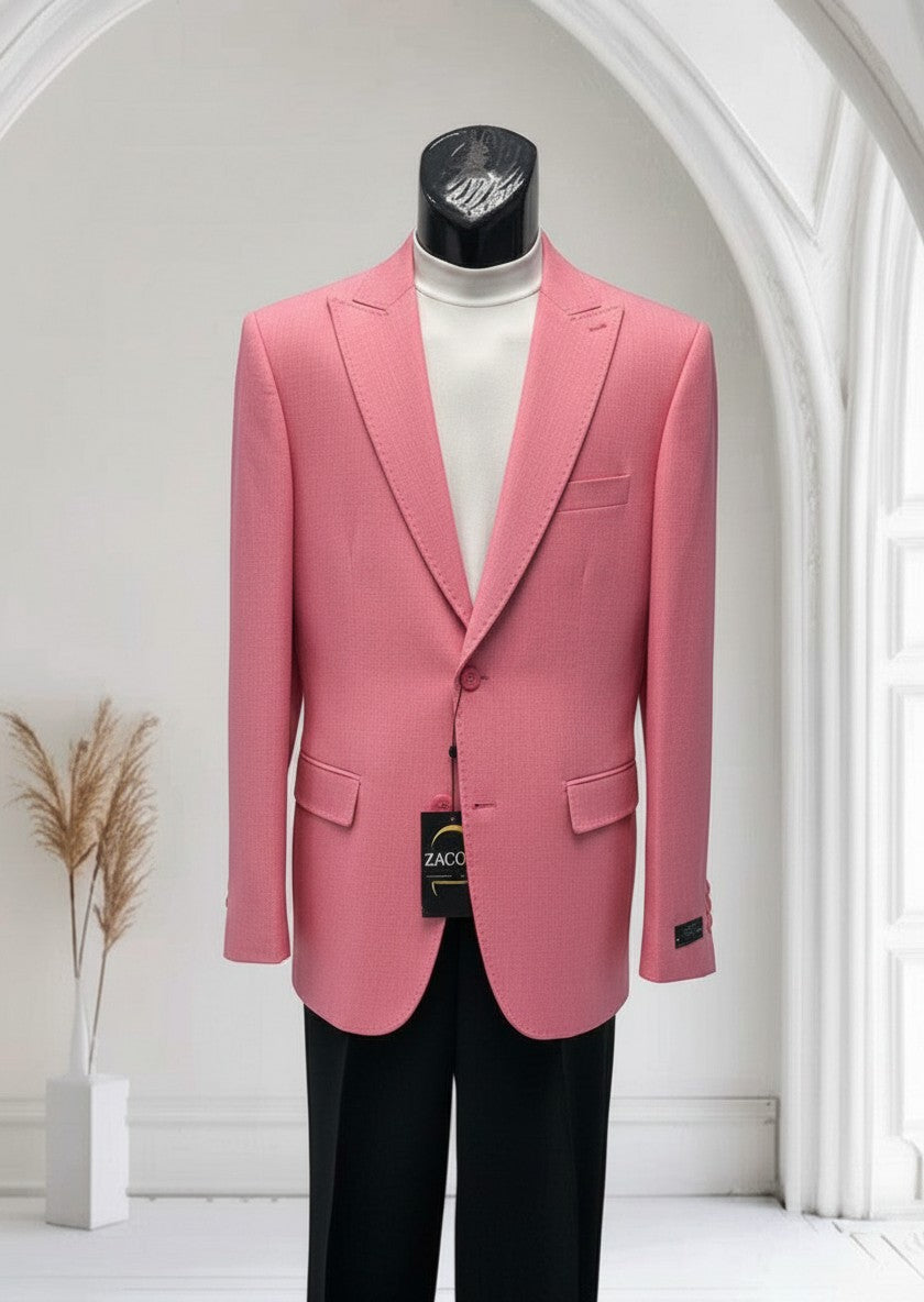 The City Warehouse-Menswear Zacchi pink 2-button hopsack blazer on a mannequin with a white turtleneck and black trousers.