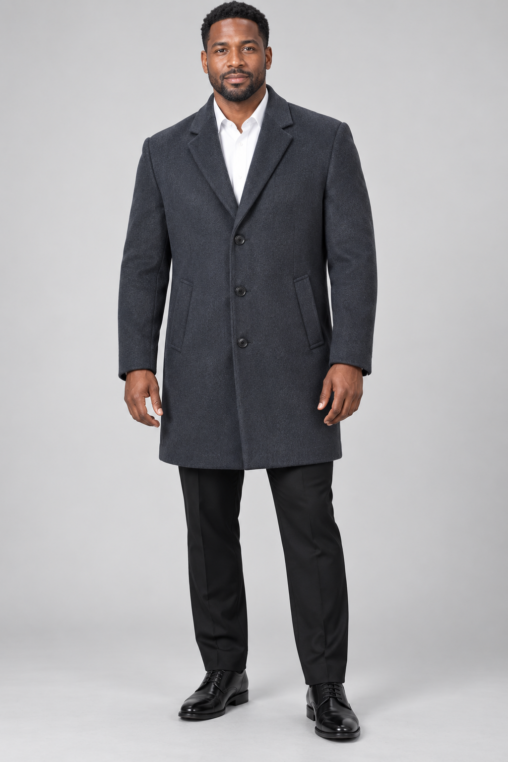Vinci CL38 three-quarter coat in charcoal, front view on model