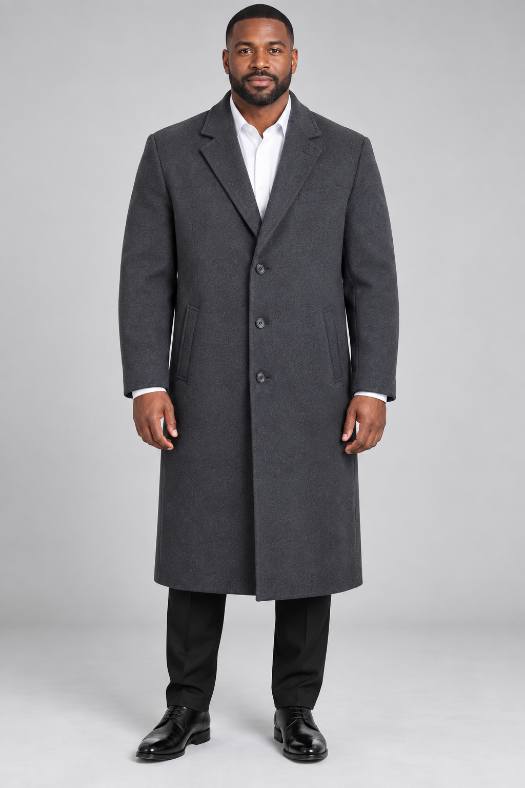 Vinci CL48 full-length coat in charcoal, front view on model