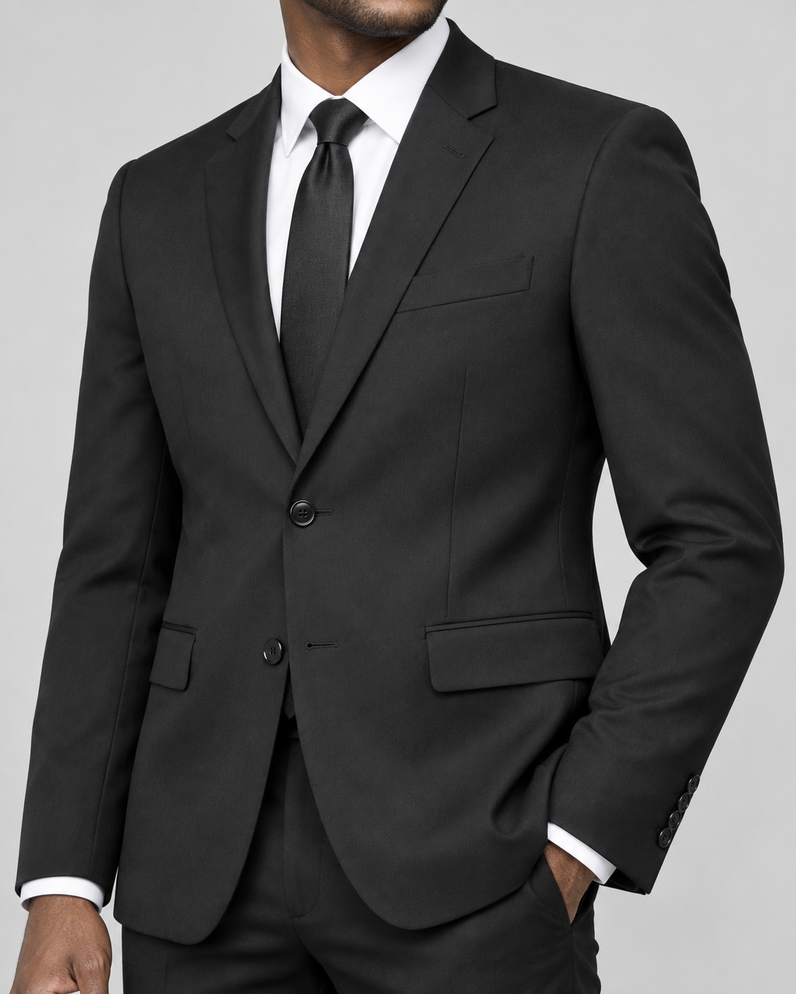Vinci SDX-3 Black slim-fit 4-way stretch two-piece suit — jacket fabric and construction detail