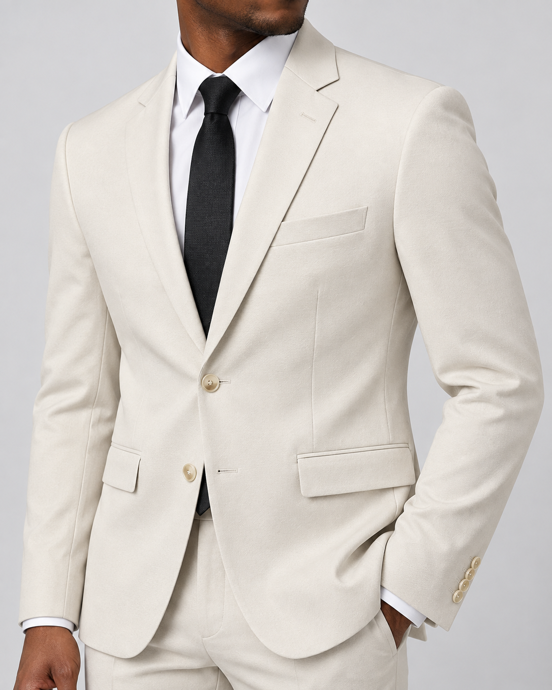 Vinci SDX-3 Bone White slim-fit 4-way stretch two-piece suit — jacket fabric and construction detail