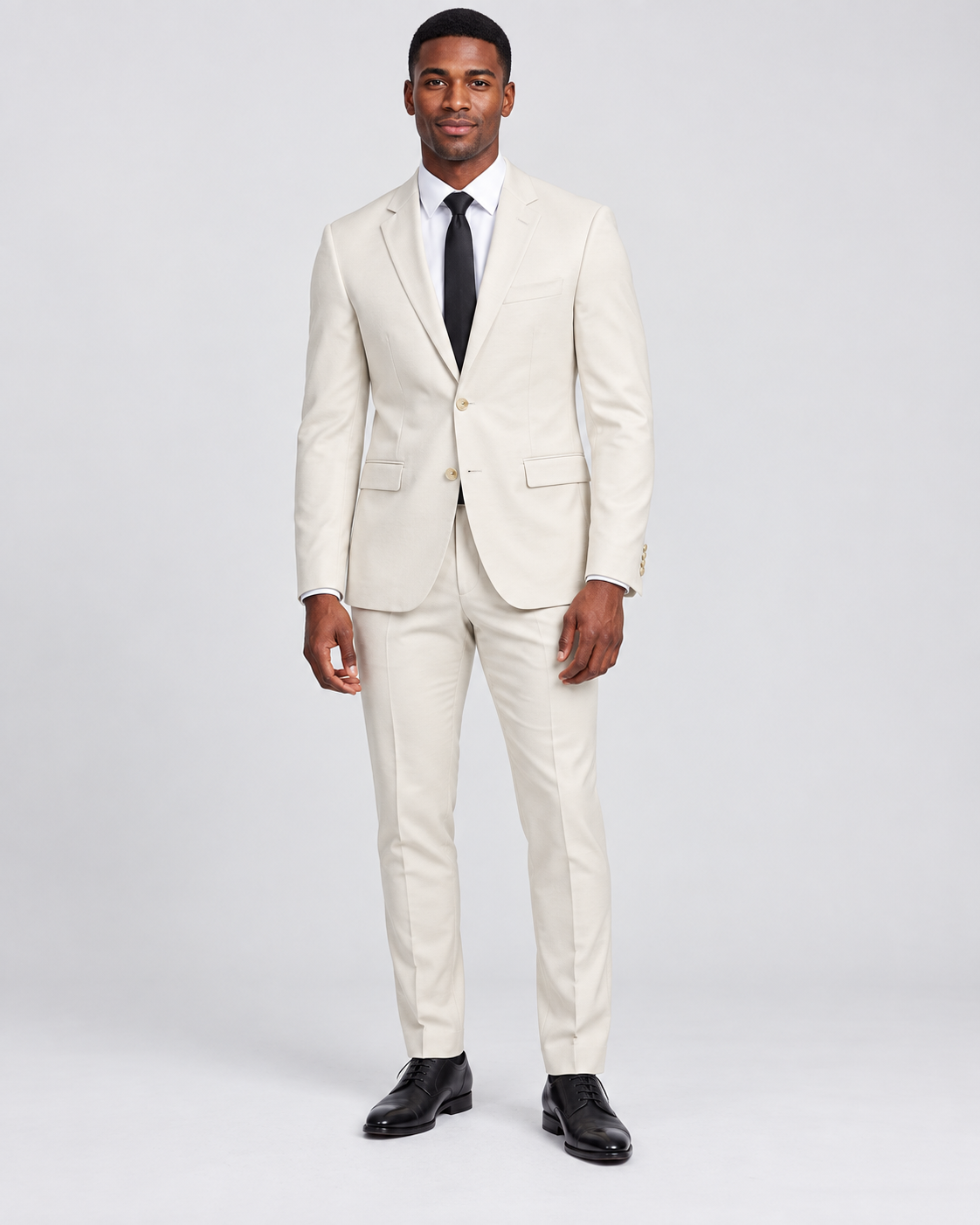 Vinci SDX-3 Bone White slim-fit 4-way stretch two-piece suit — jacket and matching trousers on model