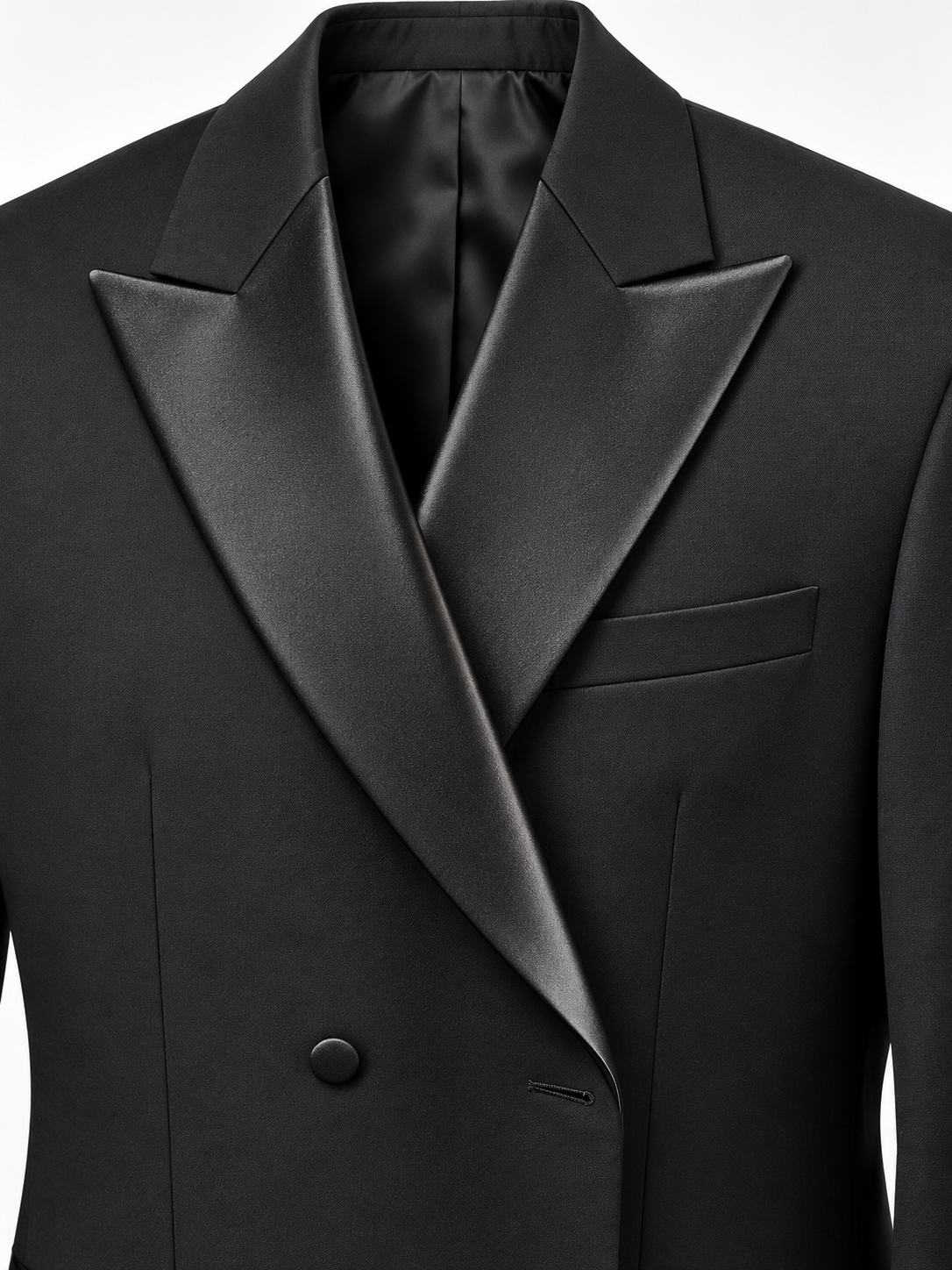 Vinci TDB-900 black solid double-breasted tuxedo fabric and black satin peak lapel closeup