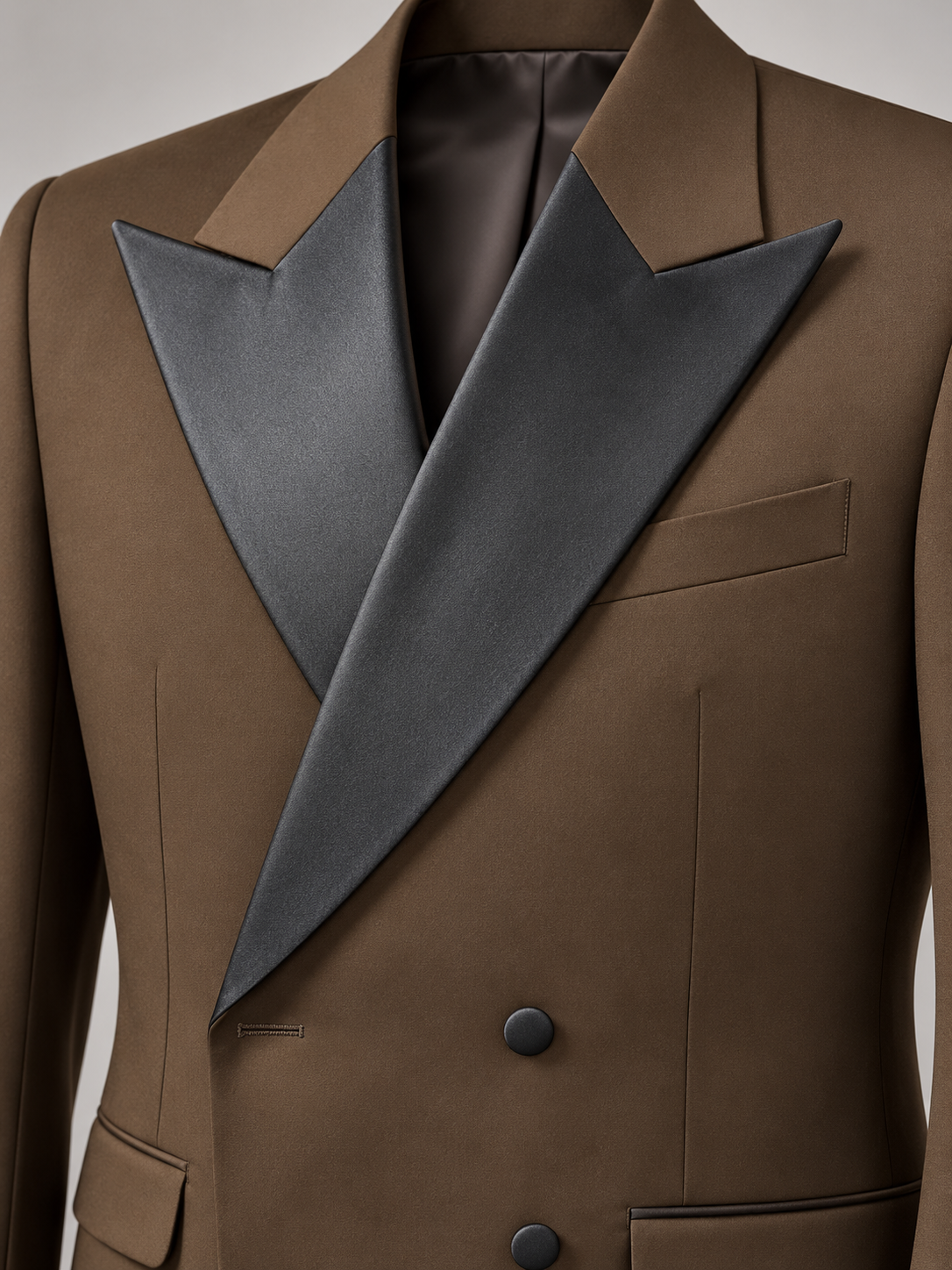 Vinci TDB-900 brown solid double-breasted tuxedo fabric and black satin peak lapel closeup