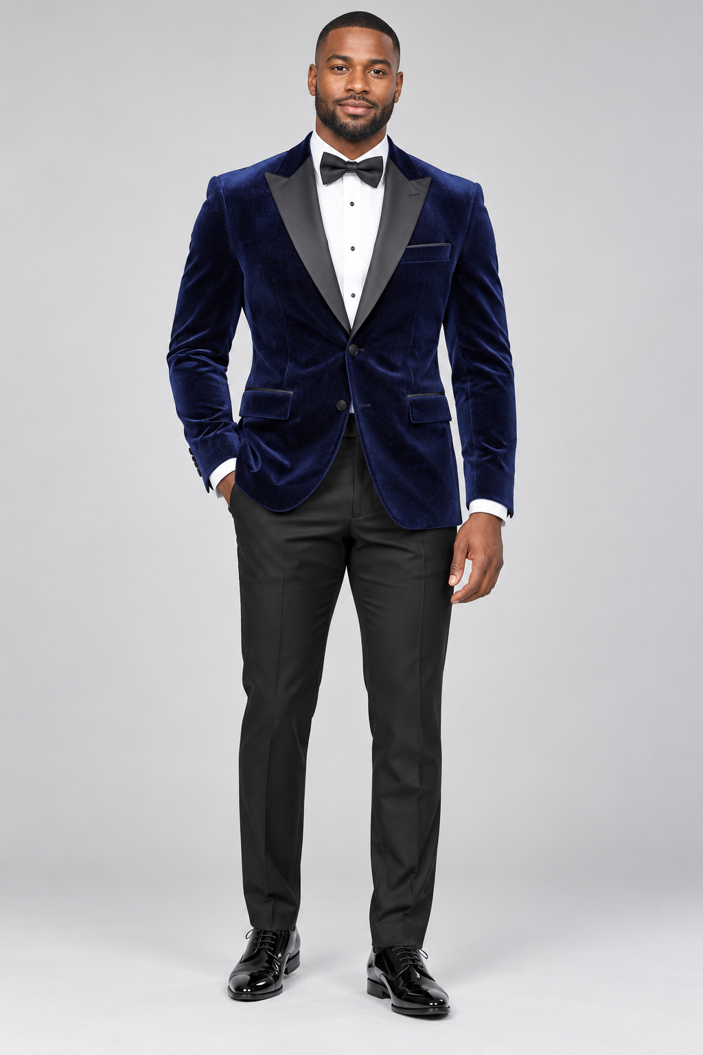 Navy Vinci T-SV slim fit velvet tuxedo with black satin peak lapels and black pants