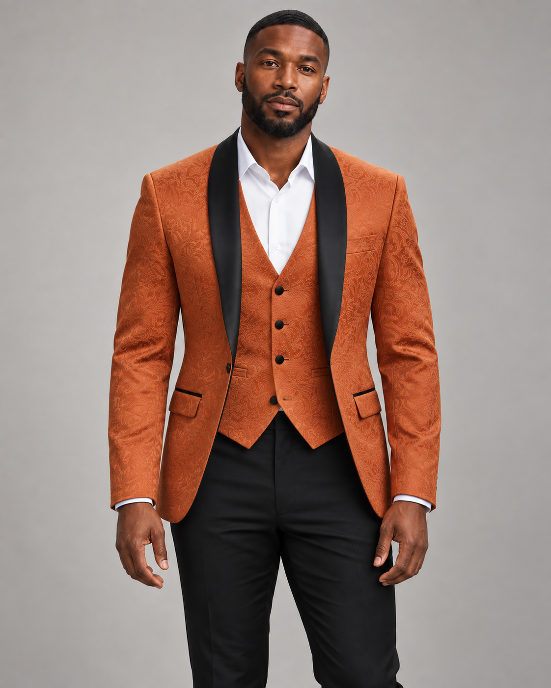 Vinci TVSJ-1 slim fit three-piece tuxedo in Caramel with matching jacquard jacket and vest and solid black trousers
