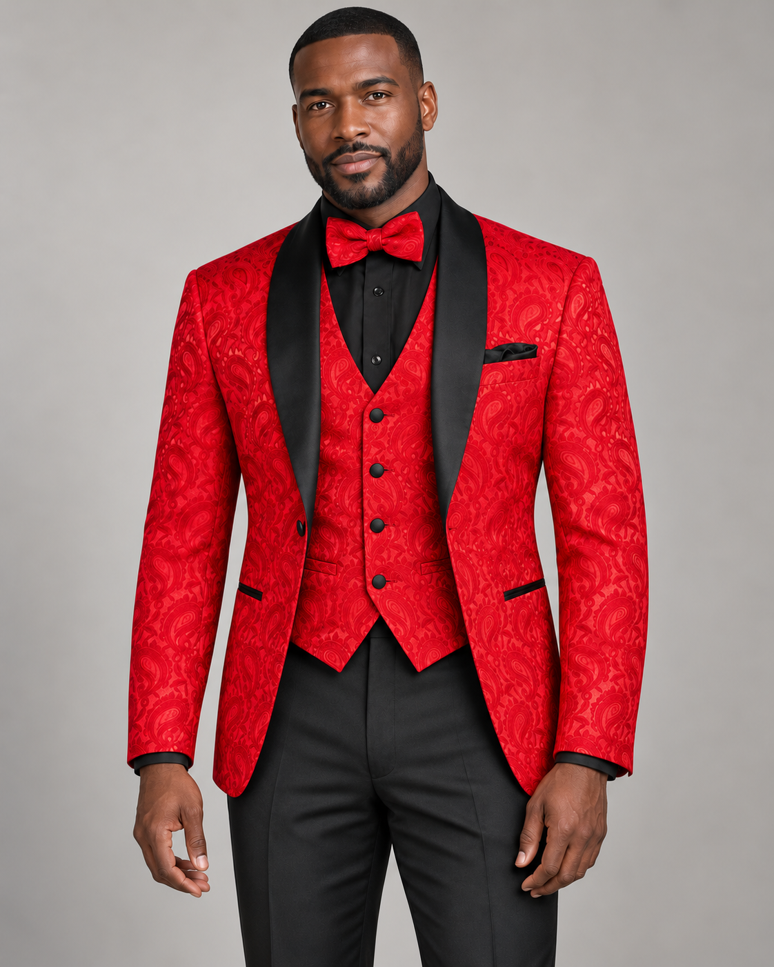 Vinci TVSJ-1 slim fit three-piece tuxedo in Red with matching jacquard jacket and vest and solid black trousers