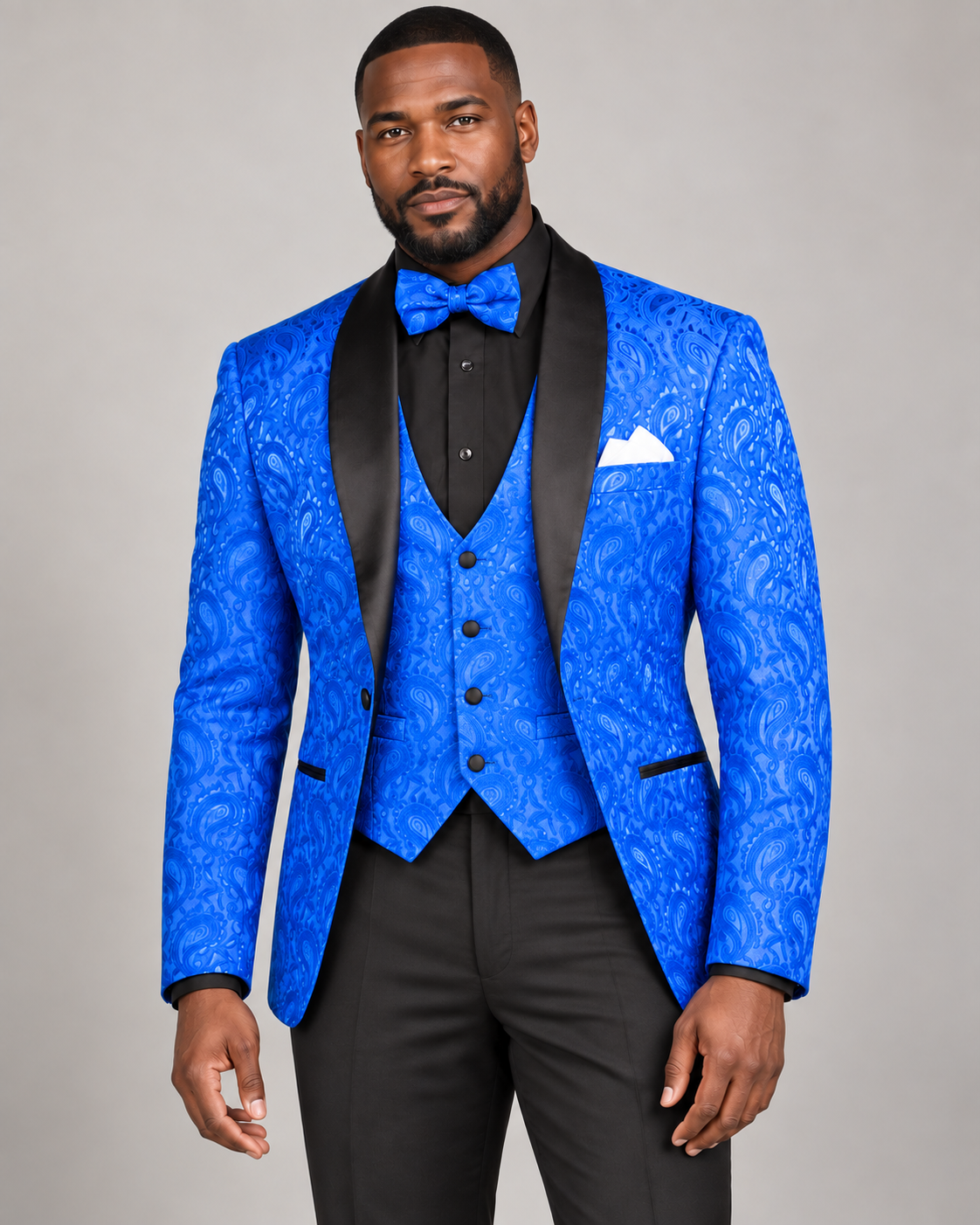 Vinci TVSJ-1 slim fit three-piece tuxedo in Royal Blue with matching jacquard jacket and vest and solid black trousers