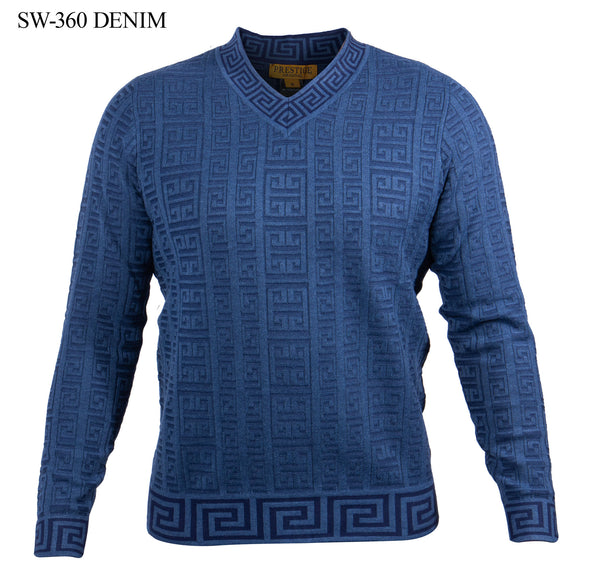 L/S Greek Print V-Neck Sweater | Denim