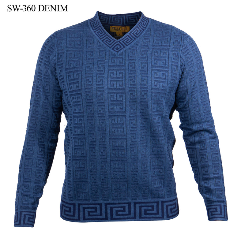 L/S Greek Print V-Neck Sweater | Denim