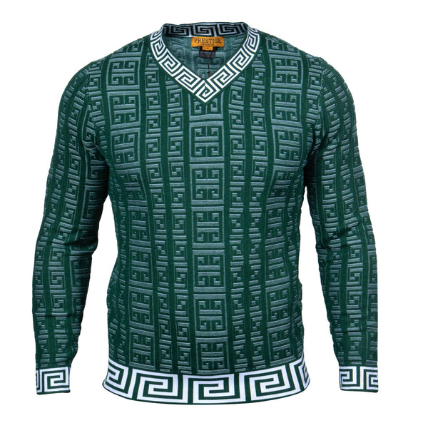 V-Neck Greek Print Sweater | (Green)