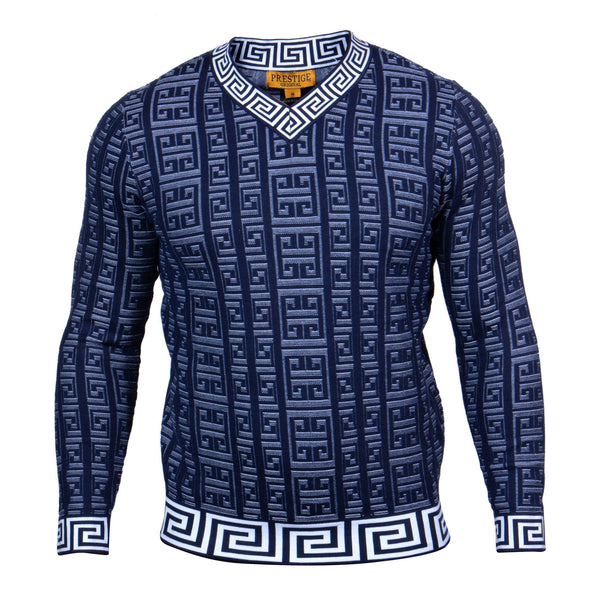 V-Neck Greek Print Sweater | (Navy)