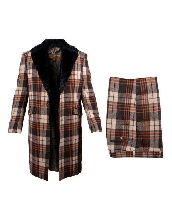 Plaid Coat & Pants Suit-Brown
