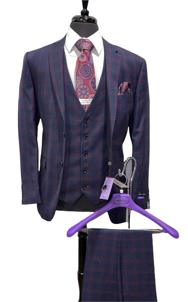 3pc Checkered Slim Fit Suit- Navy/Burg