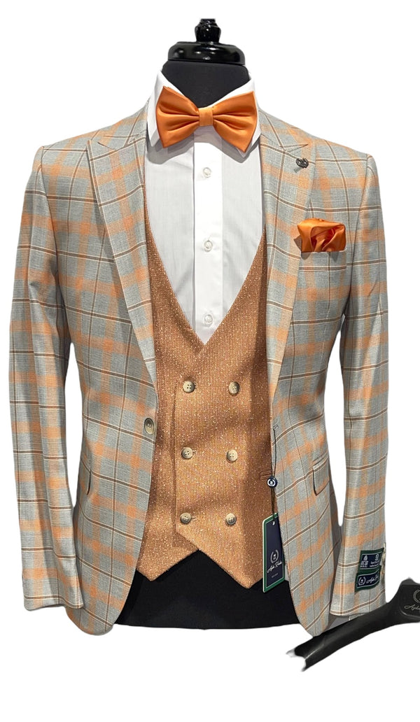 3pc Compose' Slim Fit Suit- Gray/Orange