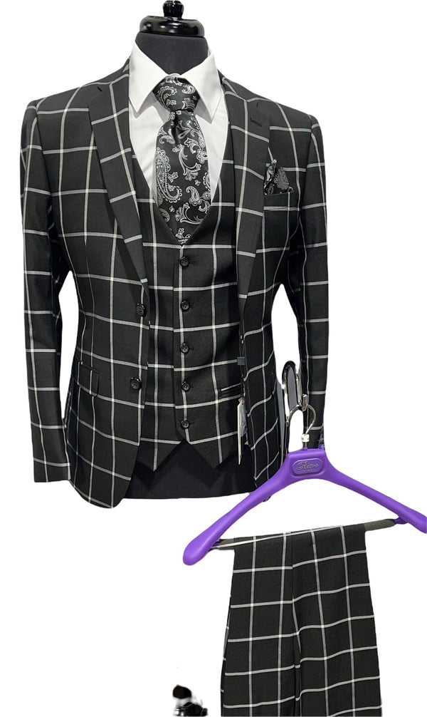 3pc Checkered Slim Fit Suit - BlkWhite
