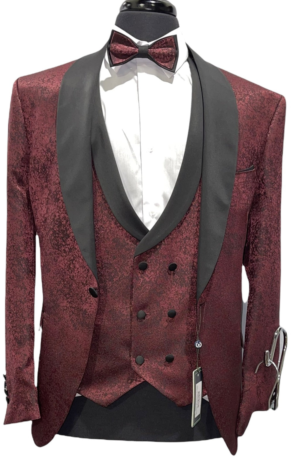 4pc Slim Fit Pattern Tuxedo-Burgundy-The City Warehouse-Menswear