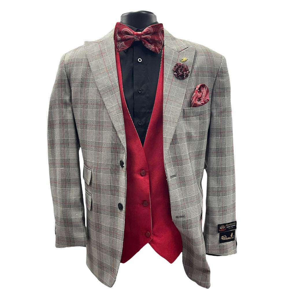 3PC Checkered (Reversable Vest) Suit- Gray/Red-The City Warehouse-Menswear