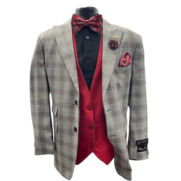 3PC Checkered (Reversable Vest) Suit- Gray/Red