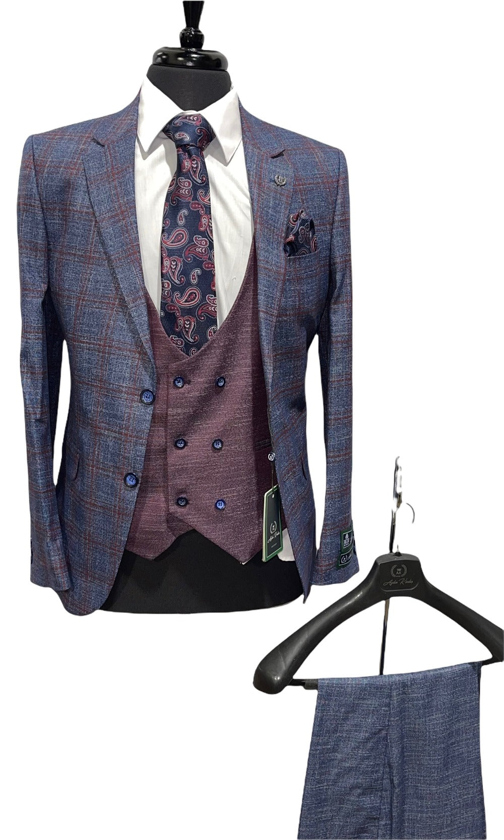 3pc Compose' Slim Fit Suit -Navy/Burg-The City Warehouse-Menswear