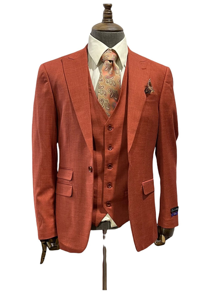 3pc Solid Slim Fit Suit- Burnt Orange