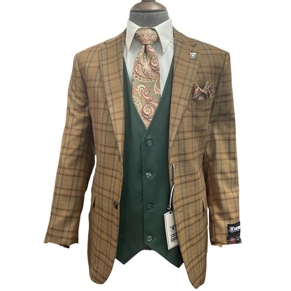 3PC Checkered (Reversable Vest) Suit- Brown/Green