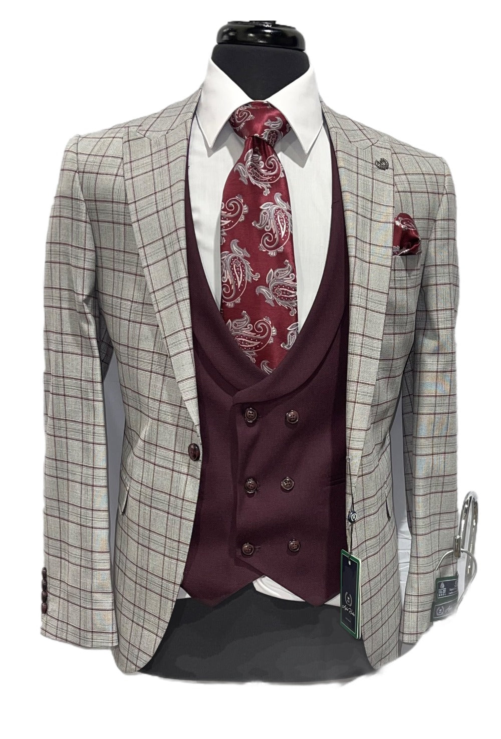 3pc Compose' Slim Fit Suit - Gray/Burg-The City Warehouse-Menswear