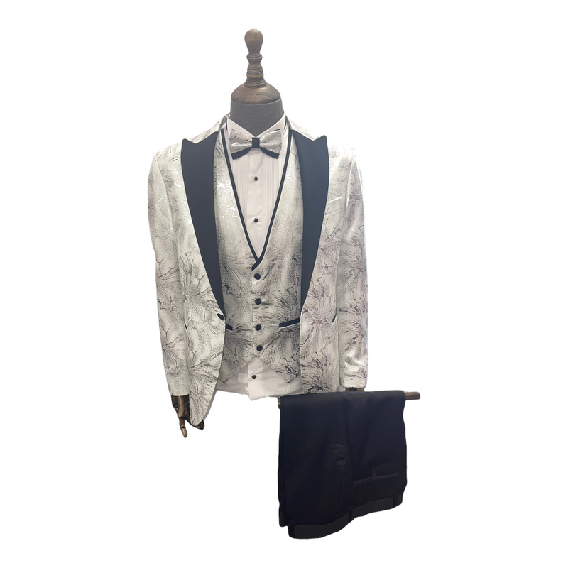 Embroidered 4PC Tuxedo- 901 | White/Blk | Modern Fit