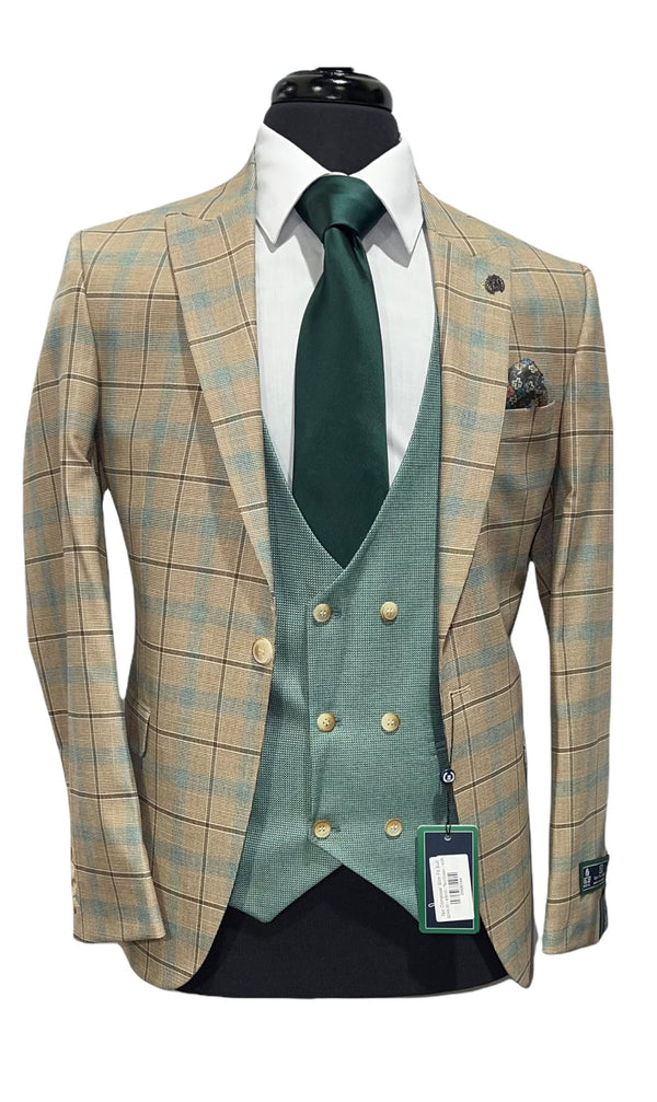 3pc Compose' Slim Fit Suit- Tan/Green